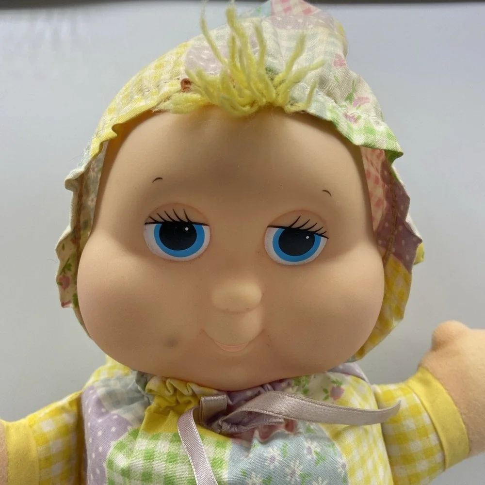Luv n Care Baby Doll Plush Patchwork Pastel Gingham Bonnet Zip Back Blue Eye
